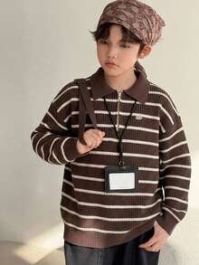 Dazy Kids Tween Boy Striped Zipper Half-Placket Long Sleeve Casual Sweater - Brown - View 6