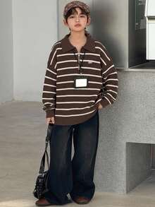 Dazy Kids Tween Boy Striped Zipper Half-Placket Long Sleeve Casual Sweater - Brown - View 7