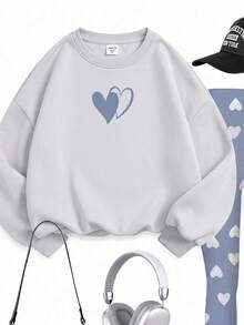 SHEIN 灰色海鷗灰，甜美女孩心形圖案印花，青少年女孩休閒舒適圓領長袖運動衫與內搭褲，適合秋冬日常穿著、外出，秋冬休閒風格，舒適季節，甜美女孩風 - 彩色 - 查看 6
