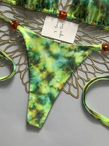 SHEIN Swim Women's Summer Beach Pool Party Vacation Beaded Decor Random Dark Green Print Backless Sexy Tropical Fringe Bikini Set - Green - View 7
