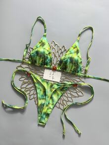 SHEIN Swim Women's Summer Beach Pool Party Vacation Beaded Decor Random Dark Green Print Backless Sexy Tropical Fringe Bikini Set - Green - View 6