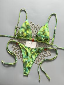 SHEIN Swim Women's Summer Beach Pool Party Vacation Beaded Decor Random Dark Green Print Backless Sexy Tropical Fringe Bikini Set - Green - View 2