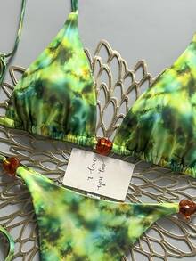 SHEIN Swim Women's Summer Beach Pool Party Vacation Beaded Decor Random Dark Green Print Backless Sexy Tropical Fringe Bikini Set - Green - View 5