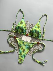 SHEIN Swim Women's Summer Beach Pool Party Vacation Beaded Decor Random Dark Green Print Backless Sexy Tropical Fringe Bikini Set - Green - View 3