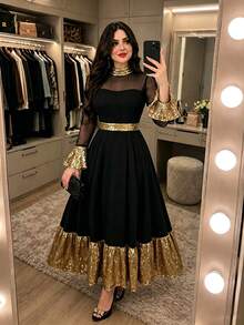 LUMIGAL Women's High Neck Long Sleeve Sequin Decor Transparent Patchwork Top And Sequin Decor Skirt 2 Pieces Set - Black - View 7