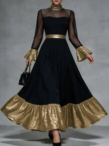 LUMIGAL Women's High Neck Long Sleeve Sequin Decor Transparent Patchwork Top And Sequin Decor Skirt 2 Pieces Set - Black - View 1