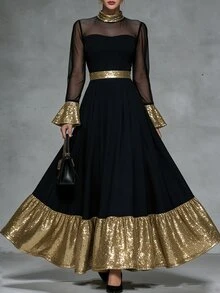 LUMIGAL Women's High Neck Long Sleeve Sequin Decor Transparent Patchwork Top And Sequin Decor Skirt 2 Pieces Set - Black - View 3