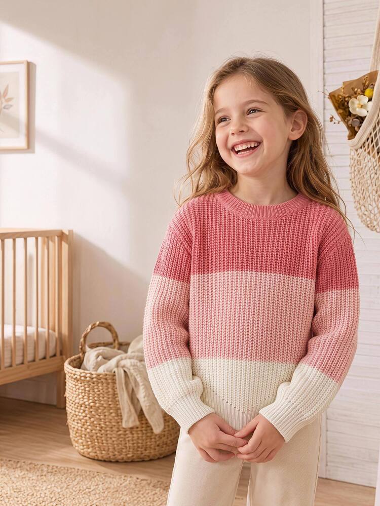 SHEIN 1pc Young Girl Sweater, Fashionable Minimalist Round Neck Three-Color Striped Patchwork, Gentle Fresh Cute Style, Regular Thickness, Neat Hem And Snug Cuffs, Pullover Design, Smooth Touch, Suitable For Daily Wear, School And Other Occasions, Autumn/Winter Outfit - Red - View 7