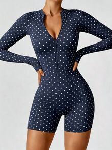 Rovax Women's Polka Dot Print Zipper Fitted Mock Neck Long Sleeve Romper - Black - View 3