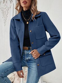 SHEIN PariChic 女式前扣长袖口袋简约夹克，休闲日常穿着 - 藍色 - 查看 7