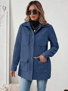 SHEIN PariChic 女式前扣长袖口袋简约夹克，休闲日常穿着 - 藍色 - 查看 4