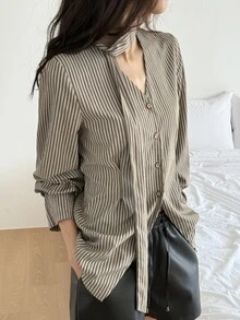 DAZY Women's V-Neck Cinched Waist Long Sleeve Shirt, Spring/Summer/Autumn,Fall Women Clothes School - Khaki - View 1