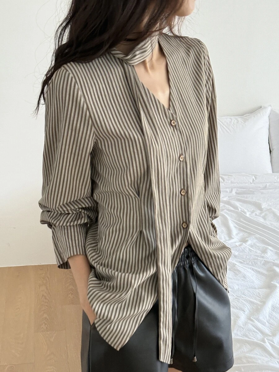 DAZY Women's V-Neck Cinched Waist Long Sleeve Shirt, Spring/Summer/Autumn,Fall Women Clothes School - Khaki - View 1