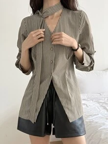 DAZY Women's V-Neck Cinched Waist Long Sleeve Shirt, Spring/Summer/Autumn,Fall Women Clothes School - Khaki - View 7