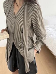DAZY Women's V-Neck Cinched Waist Long Sleeve Shirt, Spring/Summer/Autumn,Fall Women Clothes School - Khaki - View 2