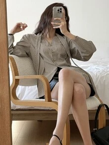 DAZY Women's V-Neck Cinched Waist Long Sleeve Shirt, Spring/Summer/Autumn,Fall Women Clothes School - Khaki - View 3