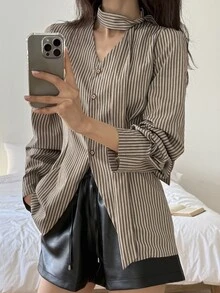 DAZY Women's V-Neck Cinched Waist Long Sleeve Shirt, Spring/Summer/Autumn,Fall Women Clothes School - Khaki - View 4