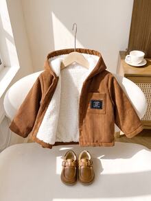 SHEIN Playful Pals 1件男嬰幼兒連帽夾克外套，經典學院風棕色燈芯絨，毛茸茸羊羔絨內裡，長袖加厚，適合冬季與秋季假期，附口袋 - 棕色 - 查看 1