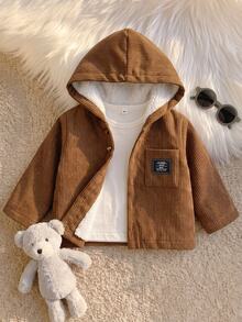 SHEIN Playful Pals 1件男嬰幼兒連帽夾克外套，經典學院風棕色燈芯絨，毛茸茸羊羔絨內裡，長袖加厚，適合冬季與秋季假期，附口袋 - 棕色 - 查看 5