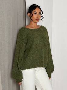 Glamine Women's Casual Loose Fuzzy Top Brunch Olive Green Autumn - Army Green - View 5