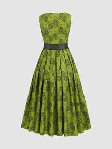 Fairmaia Floral Print Belted Sleeveless Dirndl Dress Oktoberfest Party Traditional - Multicolor - View 2