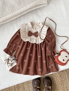 SHEIN Playful Pals 女嬰秋冬時尚休閒蝴蝶結印花燈芯絨長袖撞色洋裝 - 棕色 - 查看 3