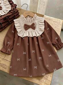SHEIN Playful Pals 女嬰秋冬時尚休閒蝴蝶結印花燈芯絨長袖撞色洋裝 - 棕色 - 查看 1