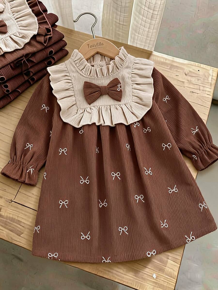 SHEIN Playful Pals 女嬰秋冬時尚休閒蝴蝶結印花燈芯絨長袖撞色洋裝 - 棕色 - 查看 1