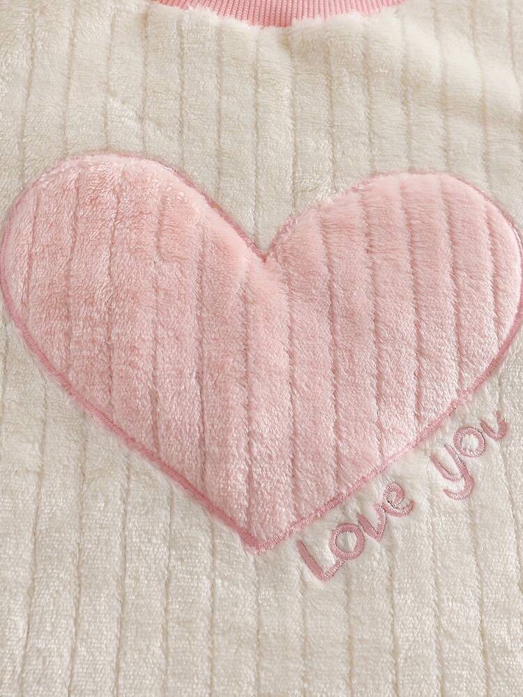 Girls 2pcs Casual Plush Warm Round Neck Heart Embroidery Flannel Striped Long Sleeve Top And Pants Set, Autumn/Winter Fleece-Lined And Thickened - Multicolor - View 3