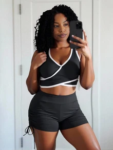 SHEIN Core Rhythm Plus Size Women's Solid Color High Waist Tummy Control Slim Fit Drawstring Shorts With Pockets - Black - View 4