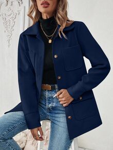 SHEIN PariChic Women's Navy Blue Fashionable Front Button Pocket Casual Jacket Coat - Navy Blue - View 8