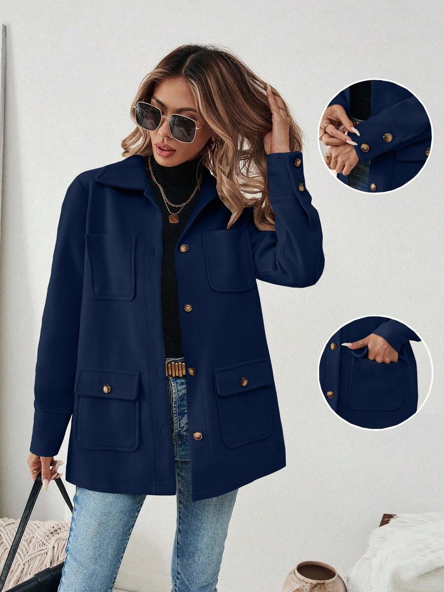 SHEIN PariChic Women's Navy Blue Fashionable Front Button Pocket Casual Jacket Coat - Navy Blue - View 1