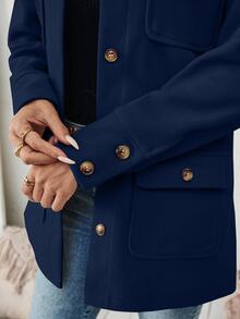 SHEIN PariChic Women's Navy Blue Fashionable Front Button Pocket Casual Jacket Coat - Navy Blue - View 4