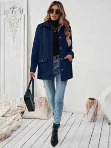 SHEIN PariChic Women's Navy Blue Fashionable Front Button Pocket Casual Jacket Coat - Navy Blue - View 5