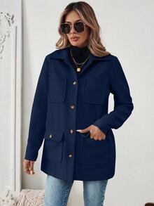 SHEIN PariChic Women's Navy Blue Fashionable Front Button Pocket Casual Jacket Coat - Navy Blue - View 7