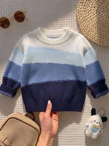 SHEIN 男嬰拼色長袖圓領休閒百搭針織衫 - 藍色 - 查看 3
