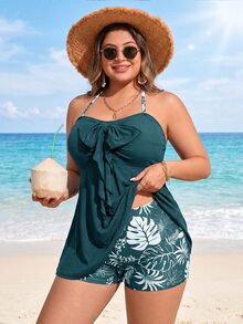 SHEIN Swim Curve 大尺碼女款 2 件組隨機葉脈印花寬鬆分體式比基尼上衣與短褲套裝，青色夏季熱帶休閒海灘度假泳池度假穿著 - 橄欖綠 - 查看 4