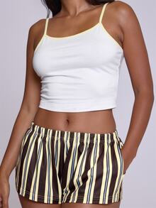 MUSERA Contrast Trim Modal Cami Pajama Top With Striped Elasticated Loose Fit Mini Shorts  Sold As Set Lingerie Nightwear Pajama Fall Autumn Winter - Multicolor - View 2