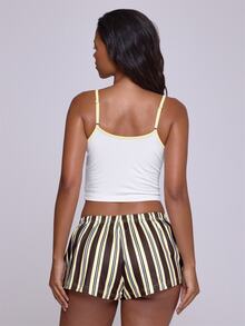 MUSERA Contrast Trim Modal Cami Pajama Top With Striped Elasticated Loose Fit Mini Shorts  Sold As Set Lingerie Nightwear Pajama Fall Autumn Winter - Multicolor - View 4