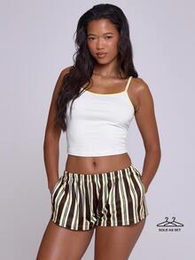 MUSERA Contrast Trim Modal Cami Pajama Top With Striped Elasticated Loose Fit Mini Shorts  Sold As Set Lingerie Nightwear Pajama Fall Autumn Winter - Multicolor - View 1