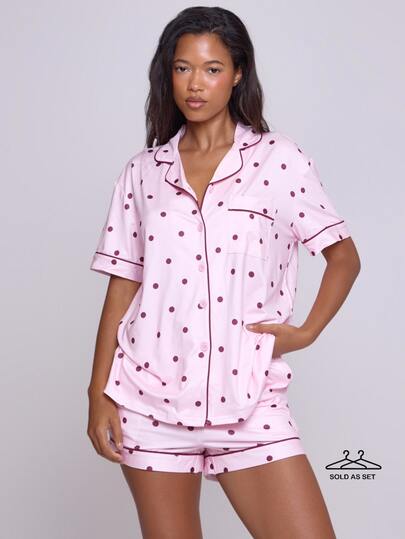 MUSERA Polka Dot Modal Button Down Loose Fit Pajama Shirt With Elasticated Waist Mini Shorts  Sold As Set Lingerie Nightwear Pajama Fall Autumn Winter