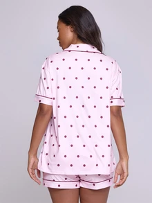 MUSERA 波點莫代爾鈕扣式寬鬆睡衣上衣搭配鬆緊腰迷你短褲套裝，內衣家居服睡衣，適合秋冬冬季 - 粉色 - 查看 4