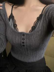 DAZY Black Striped Lapel Cold Shoulder Single-Breasted Fitted Long Sleeve 2 In 1 Lace Patchwork Casual T-Shirt - Grey - View 4