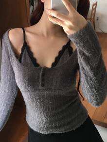 DAZY Black Striped Lapel Cold Shoulder Single-Breasted Fitted Long Sleeve 2 In 1 Lace Patchwork Casual T-Shirt - Grey - View 1