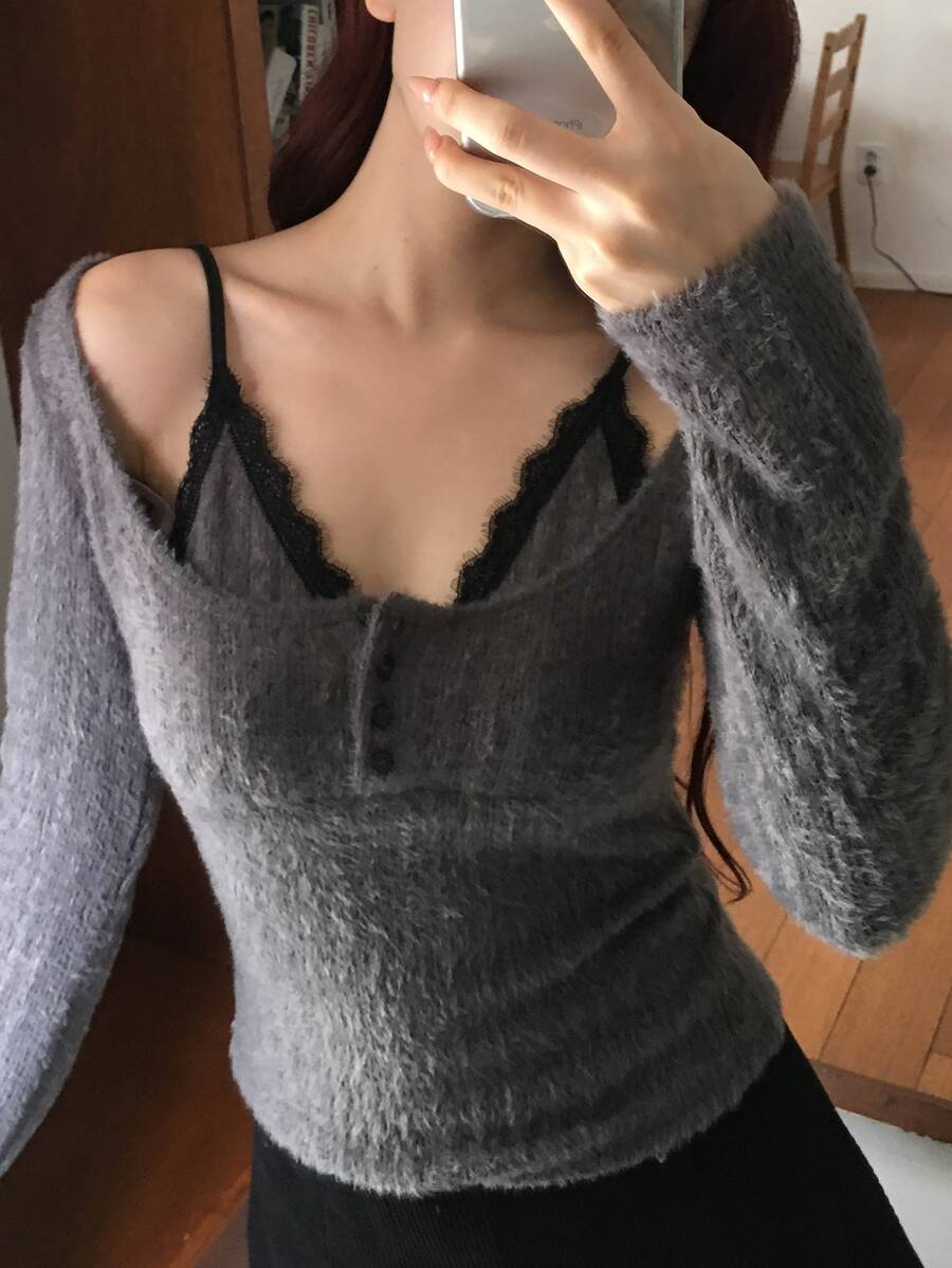 DAZY Black Striped Lapel Cold Shoulder Single-Breasted Fitted Long Sleeve 2 In 1 Lace Patchwork Casual T-Shirt - Grey - View 1