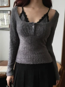 DAZY Black Striped Lapel Cold Shoulder Single-Breasted Fitted Long Sleeve 2 In 1 Lace Patchwork Casual T-Shirt - Grey - View 3