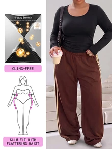 Solflare Kaos Dalaman Wanita Ukuran Besar, Bahan Anti-Statis, Leher Bulat, Lengan Panjang, Musim Gugur/Dingin - Hitam - View 2