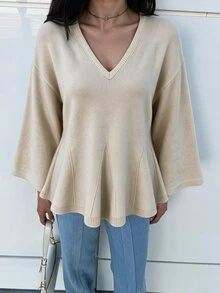 SHEIN Elenzya Elegant Casual French V-Neck Flared Sleeve Women's Sweater, Suitable For Office Brunch Tea Party And Fall Wear Beige - Apricot - View 8