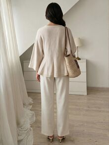 SHEIN Elenzya Elegant Casual French V-Neck Flared Sleeve Women's Sweater, Suitable For Office Brunch Tea Party And Fall Wear Beige - Apricot - View 2