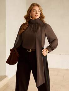 Roveilla Blus Ukuran Besar Lengan Lentera Berkerut Kerah Tinggi Elegan dan Canggih untuk Kerja Kantor, Cocok untuk Makan Malam Hari Guru, Makan Malam Kantor, Warna Cokelat Musim Panas - Coklat - View 1